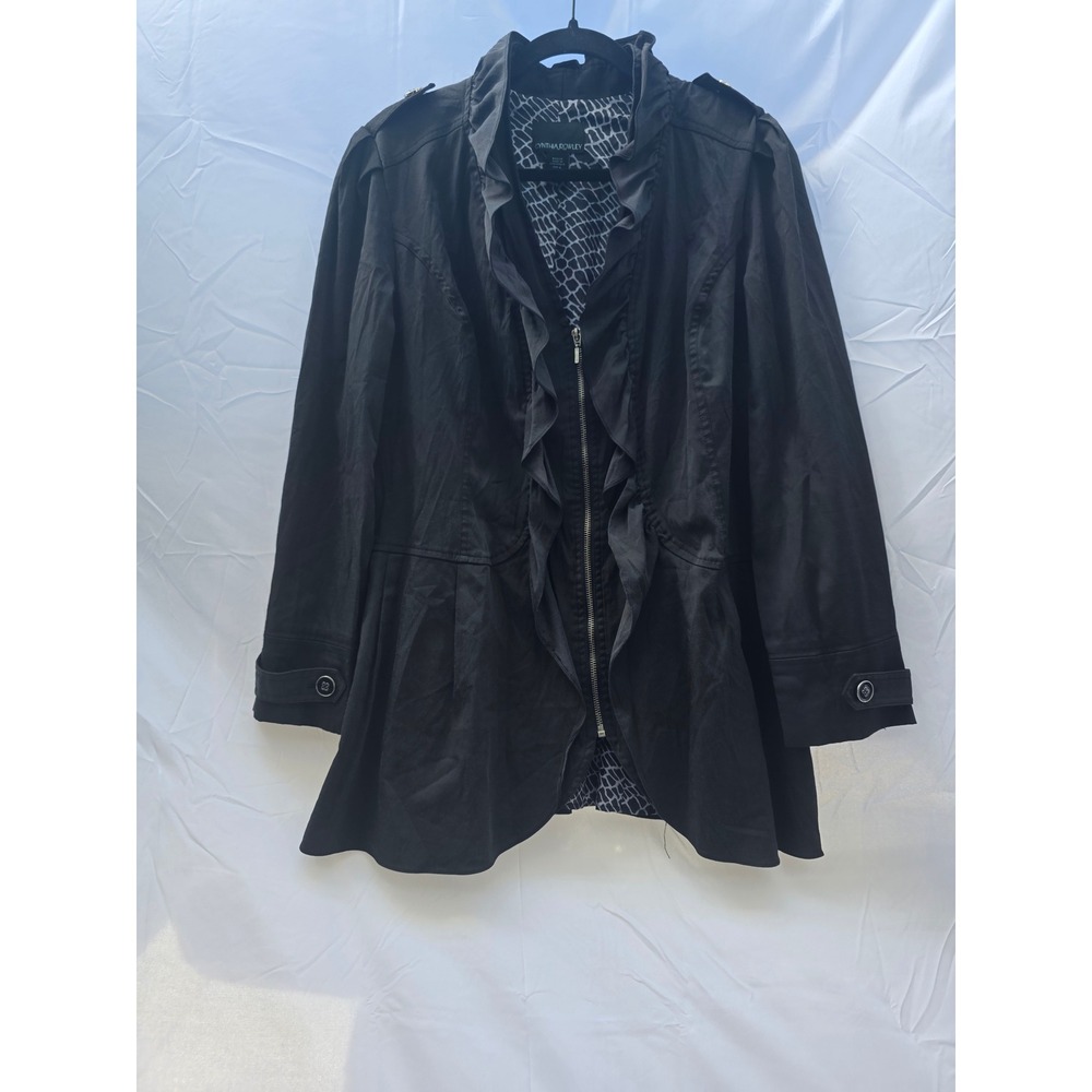 Cynthia Rowley Womens Black Ruffle Trim Zip Up Peplum Jacket Animal Print Lining